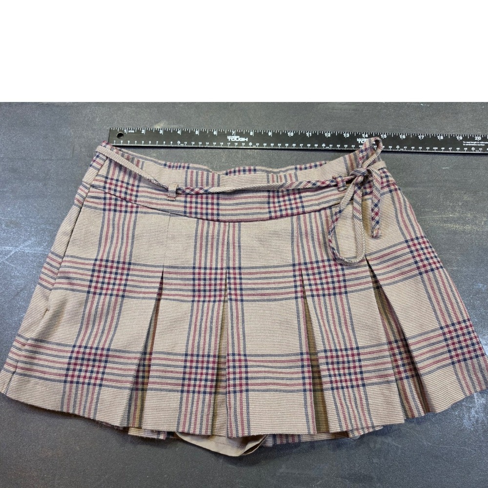 Hollister Plaid Pleated Preppy Skort Tan Burgundy Navy Side Tie Mini Skirt Sz M